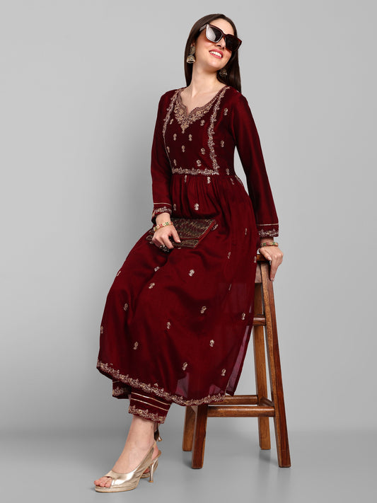 Women Embroidered Vichitra Silk kurta Pant set in Maroon Color