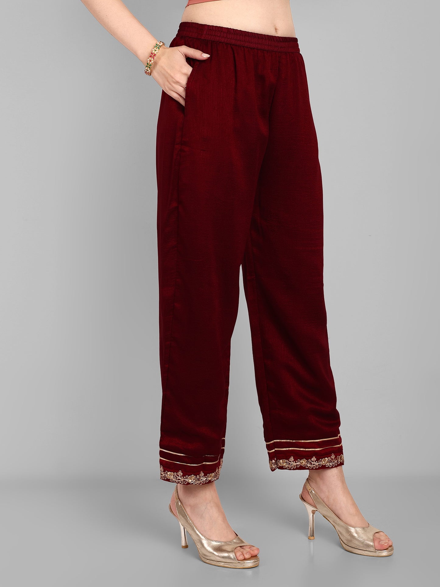 Women Embroidered Vichitra Silk kurta Pant set in Maroon Color