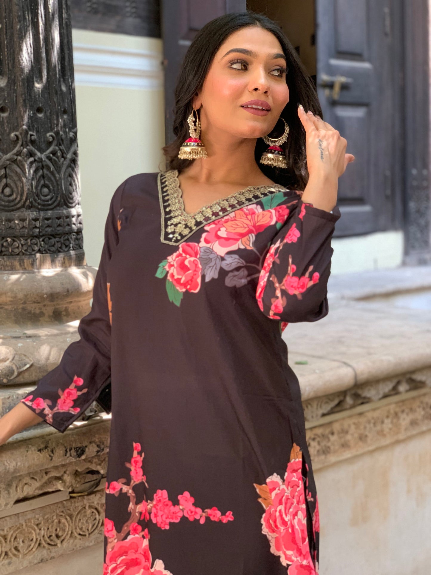 Designer  Floral Kurta Set with Bottom and Dupatta