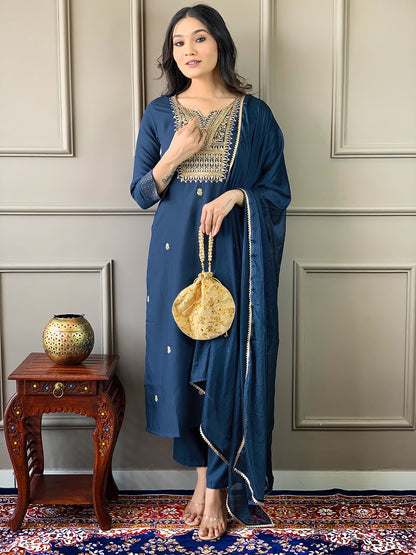 Women Embroidered Rayon Slub Straight Kurta With Pant Dupatta Set