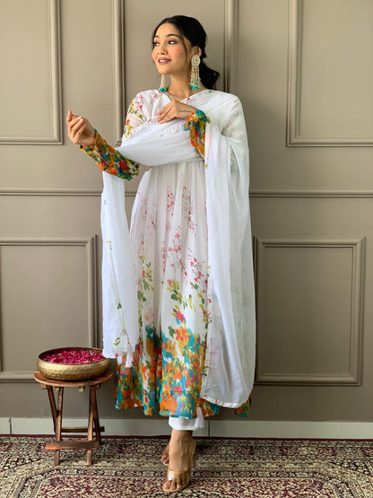 Alia Designe Floral Kurta set with Knee Bottom Pant and Border Dupatta