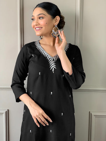 Designer Kurta set with Bottom Pant and Plain Dupatta in Black Color