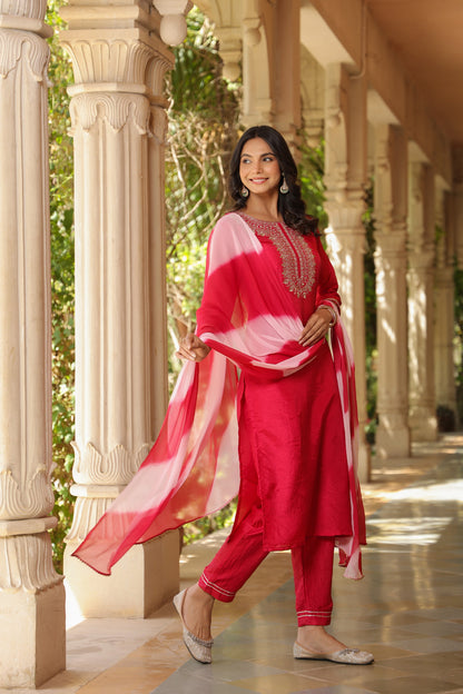 Fuchsia Pink Embroidered Designer Kurta With duppata and Bottom