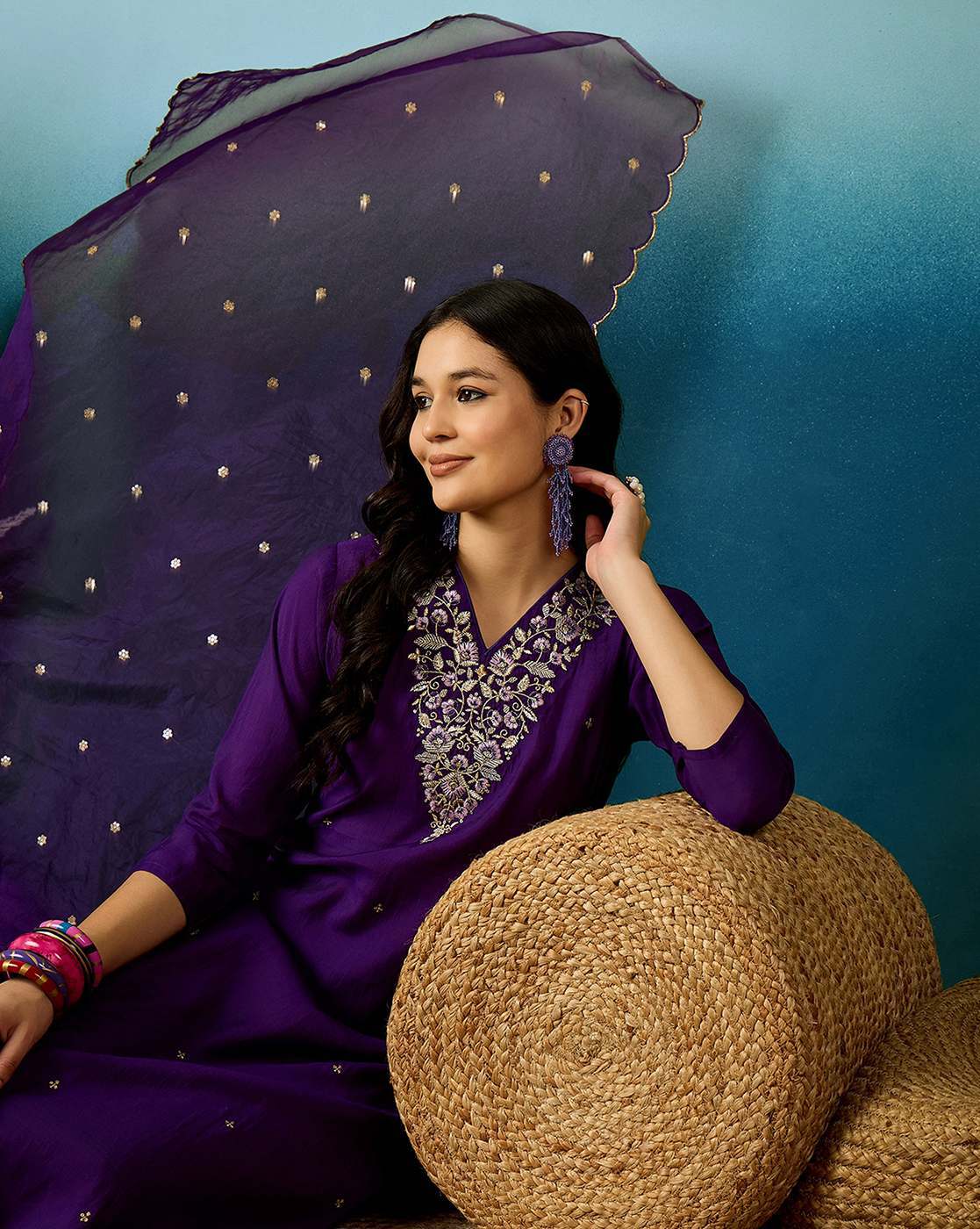 Embroidered V-Neck Straight Kurta with Pants and Dupatta