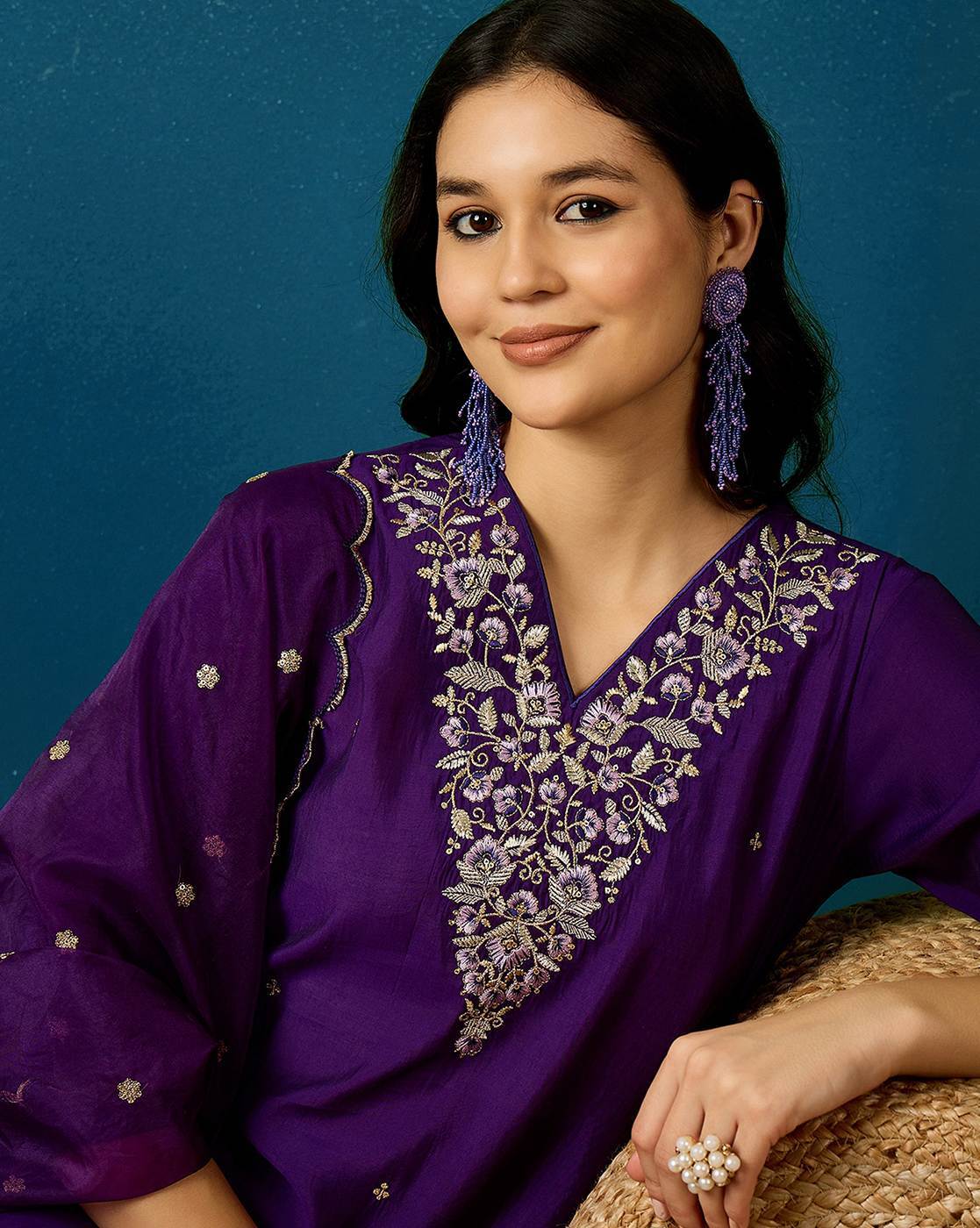 Embroidered V-Neck Straight Kurta with Pants and Dupatta