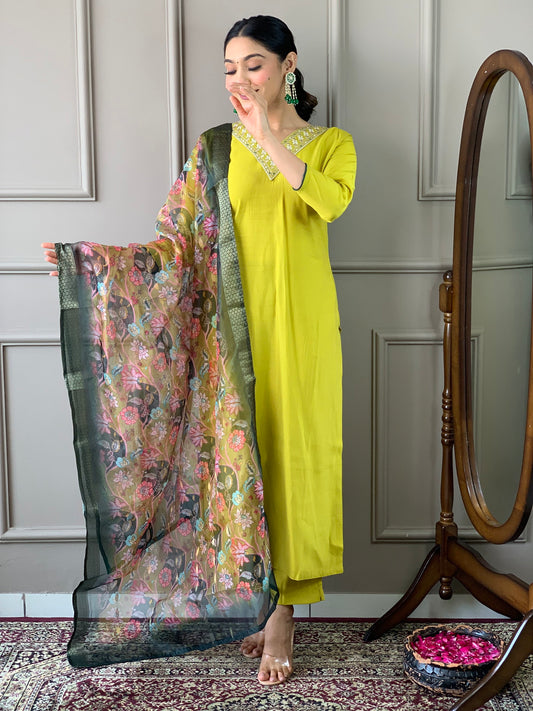 Lemon Yellow Viscose Silk Straight Kurta with bottom and dupatta