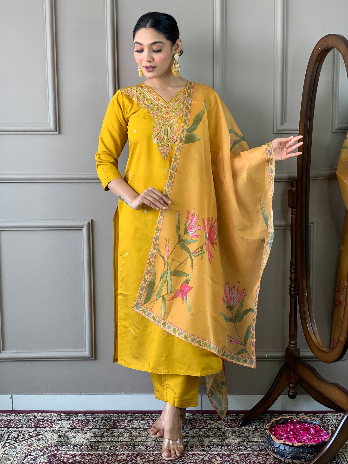 Mustard Classic Embroidery Design Kurta With Pant and Dupatta