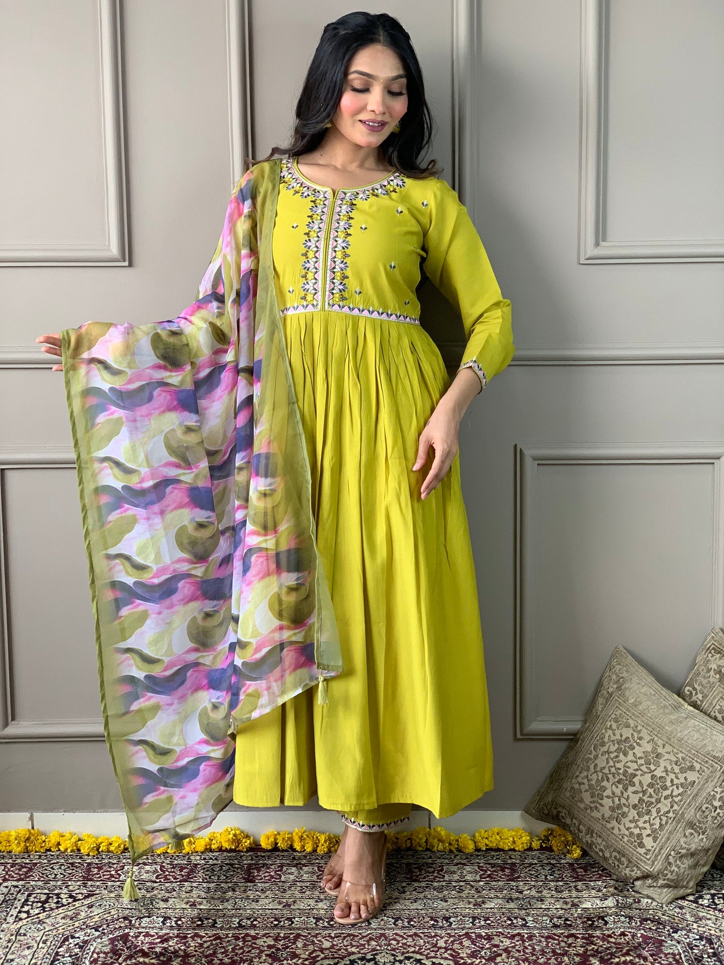 Lemon Yellow Viscose Chanderi  Kurta with bottom and dupatta