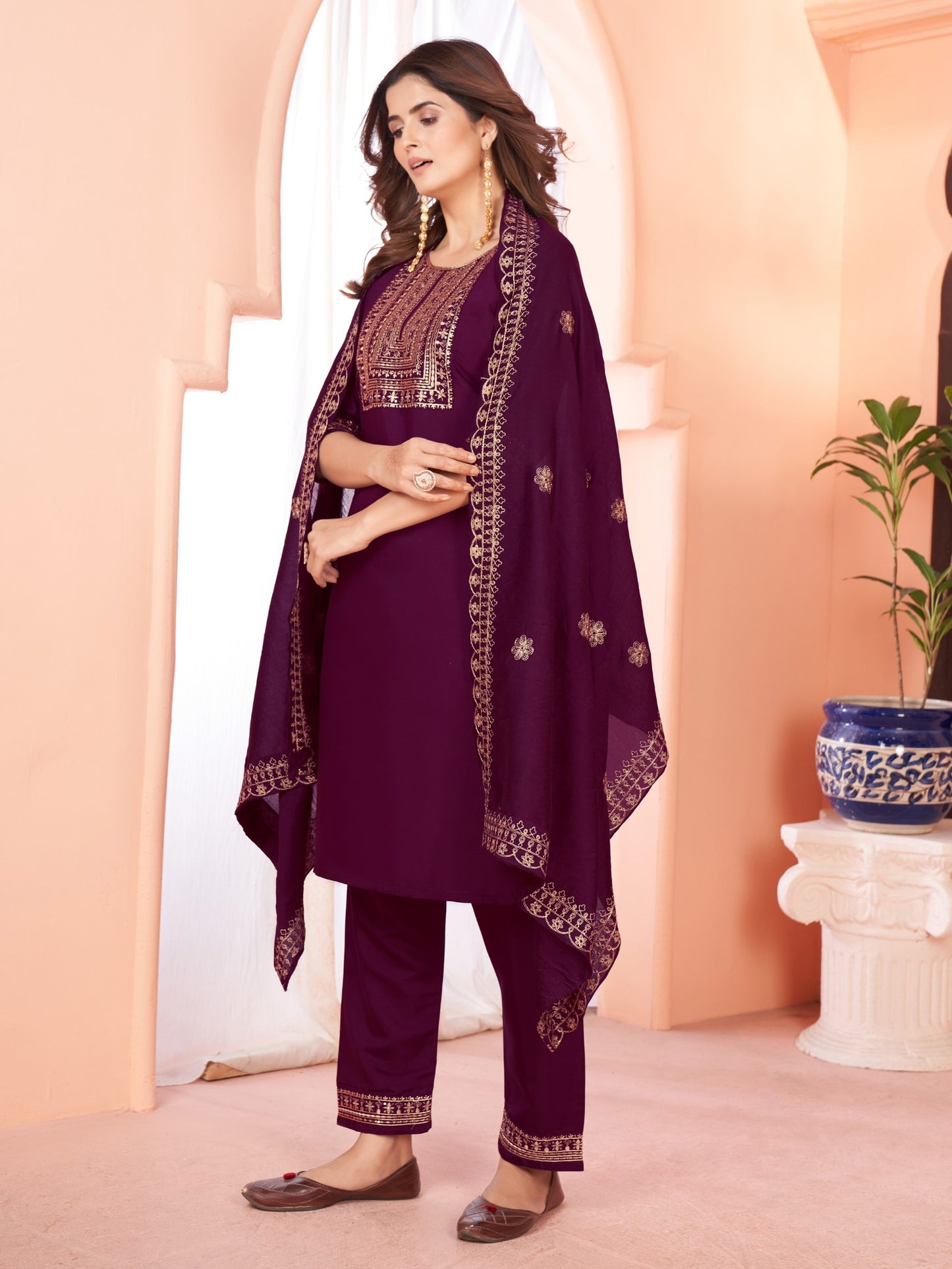 Wine Embroidered Kurta set With Bottom Wear and Dupatta