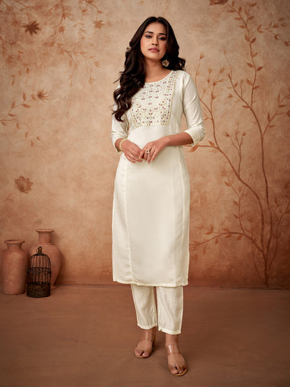 Women Embroidered Straight Kurta with Pants & Dupatta in White Color