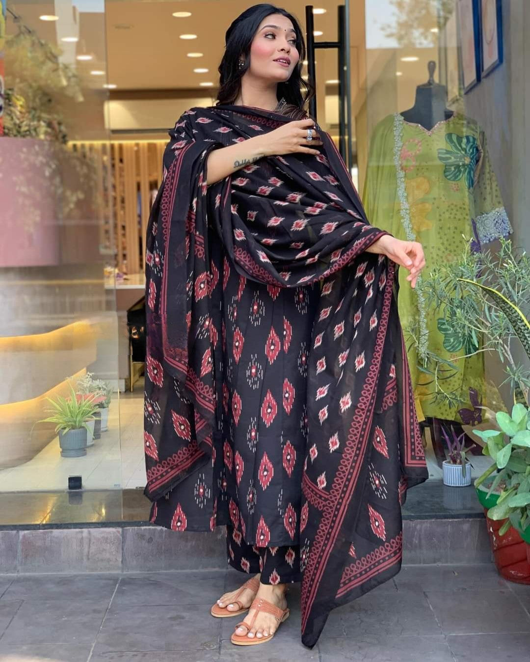 Black Cotton Faired Kurta Set with Bottom Wear and Dupatta set