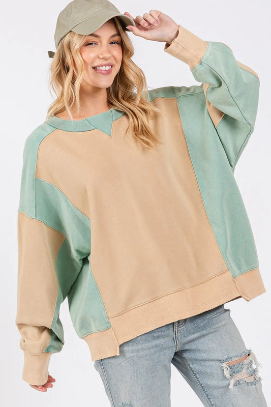 SAGE  FIG Color Block Round Neck Sweatshirt