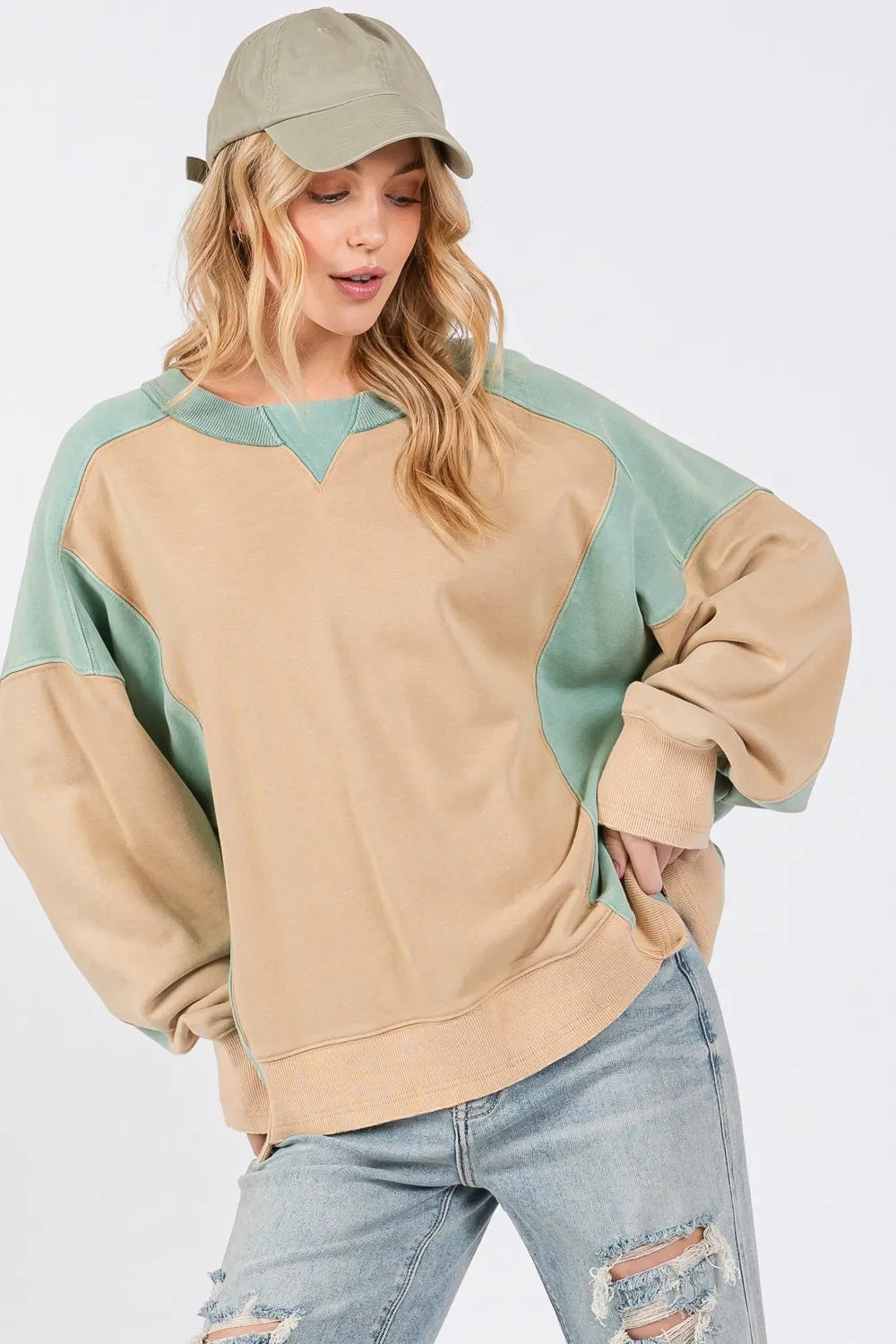 SAGE  FIG Color Block Round Neck Sweatshirt