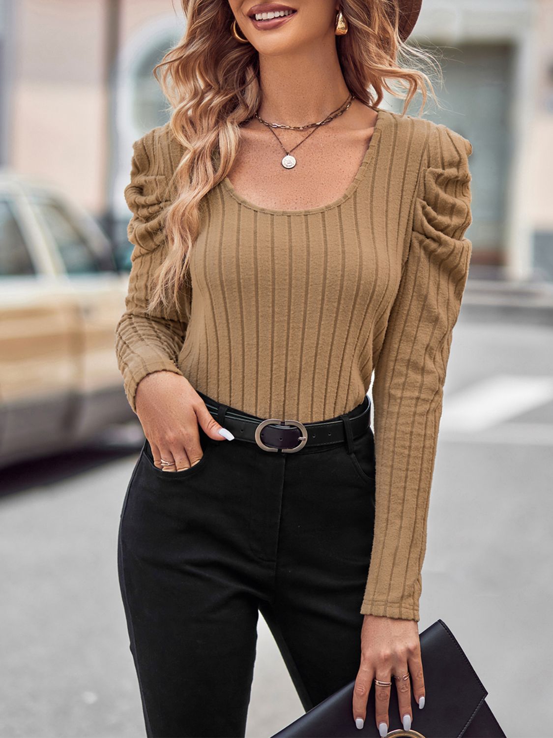 Ribbed Scoop Neck Puff Sleeve T-Shirt