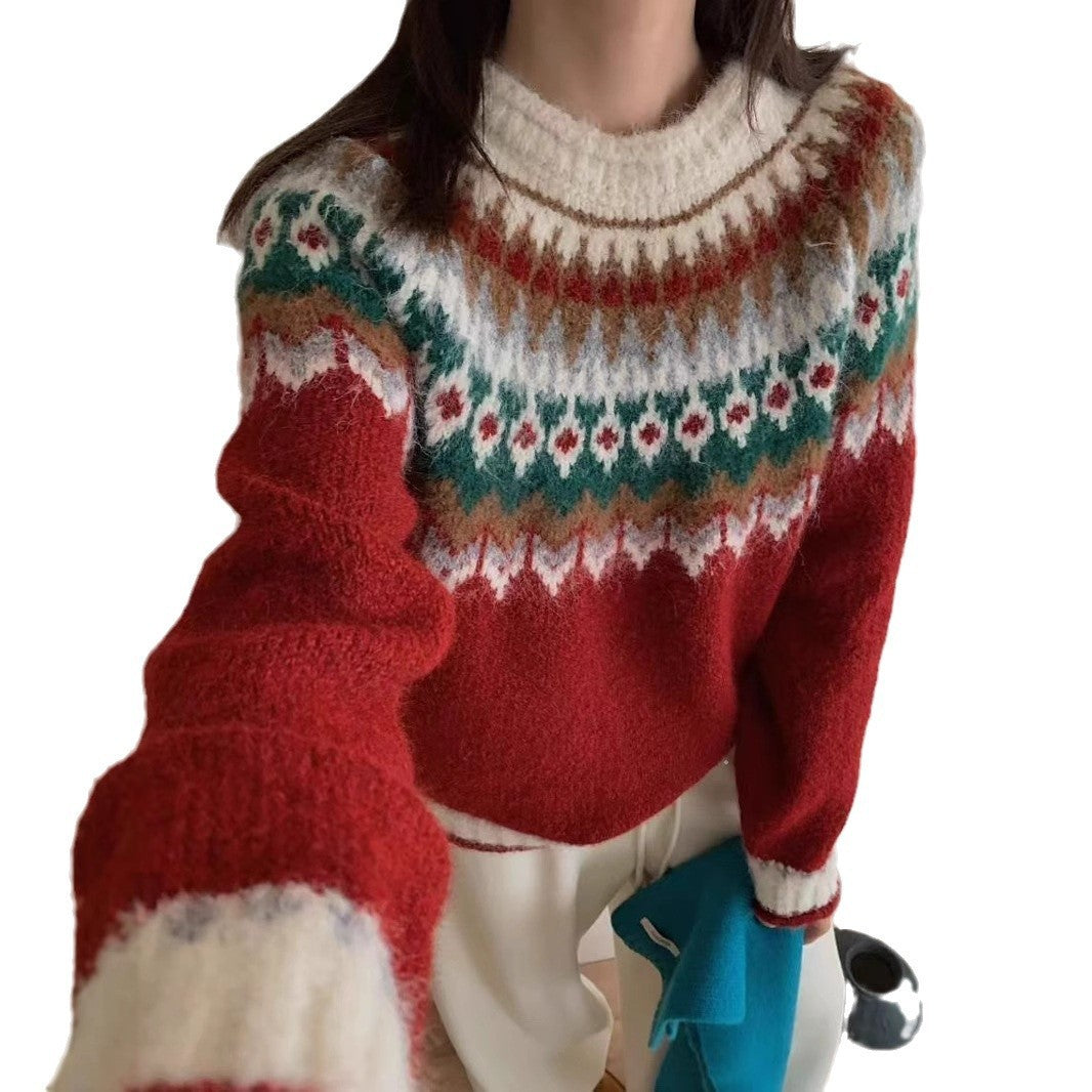 Retro Knitted Pullover Sweater Women's Loose Long Sleeve Top