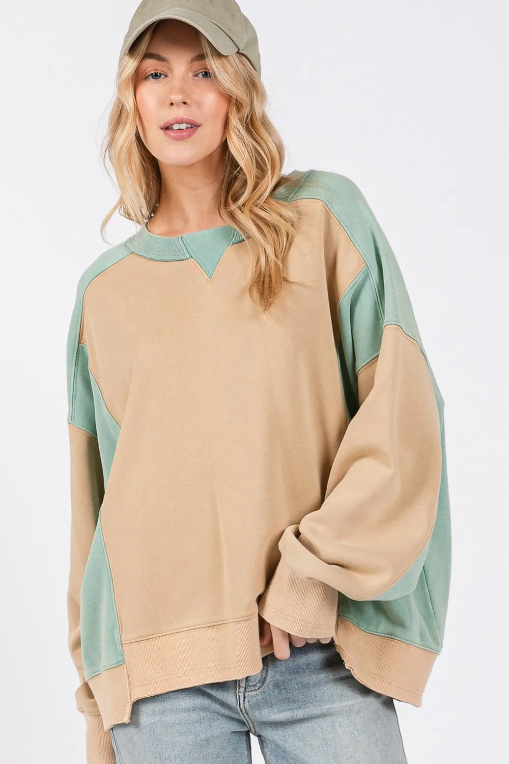 SAGE  FIG Color Block Round Neck Sweatshirt