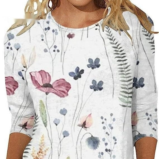 T-shirt 3d Digital Printed V-neck Flower 34 Sleeve