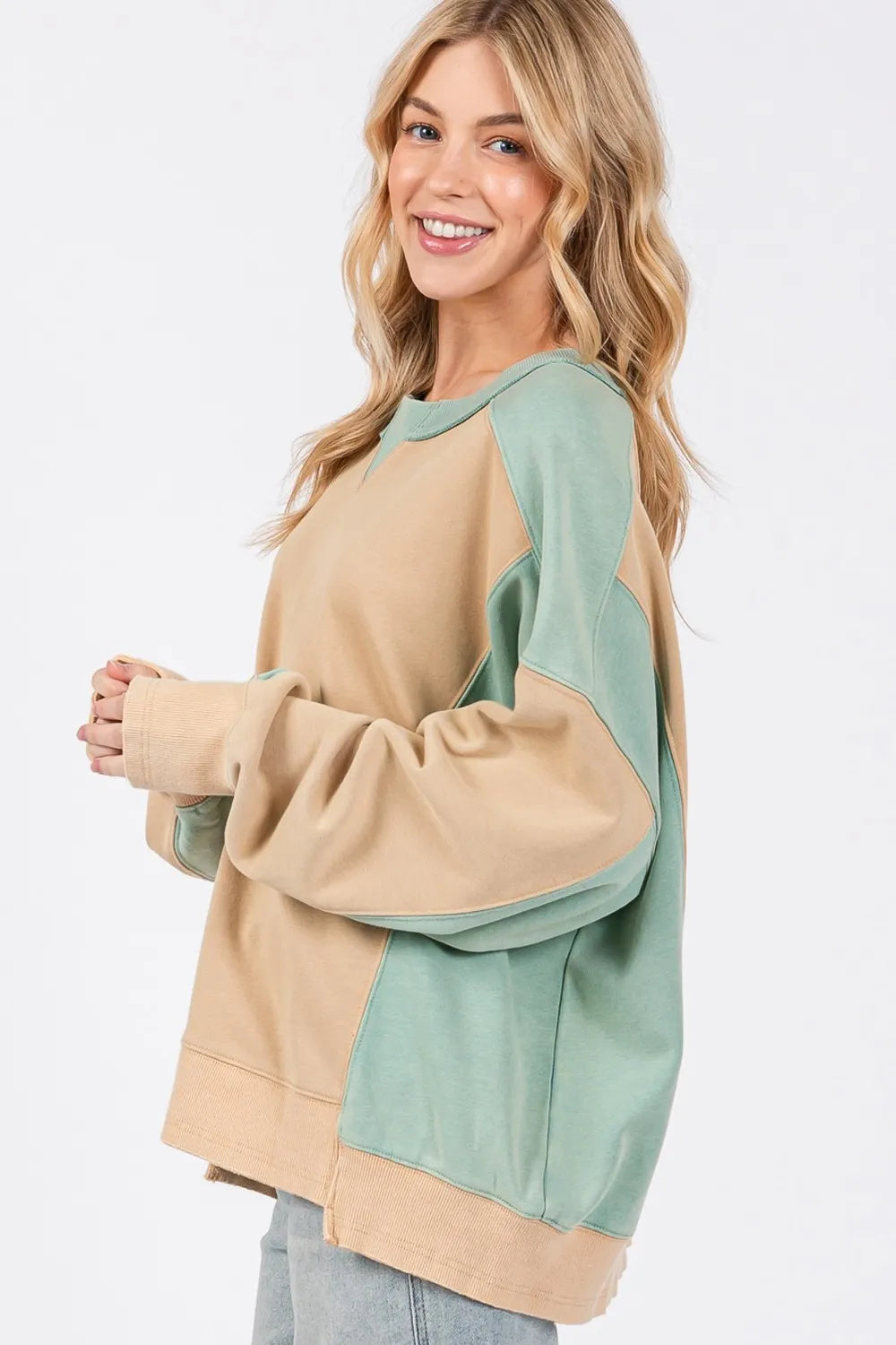 SAGE  FIG Color Block Round Neck Sweatshirt