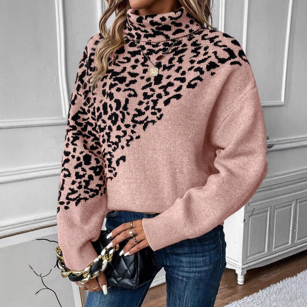 Turtleneck Leopard Print Long Sleeve Loose Fashion Casual Sweater